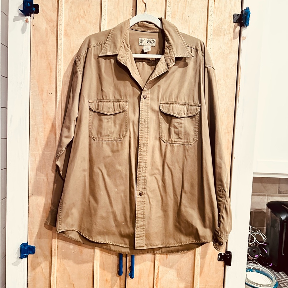 Sun River Khakis Tan Button Down Shirt 100% Cotton Size L
